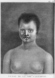 Mujer de Nueva Caledonia, grabado por Benard (siglo XVIII) ilustración del 